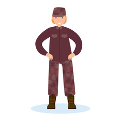 Confident female soldier in camouflage uniform cartoon vectors.