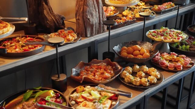 Closeup of a buffet table is laden with a wide assortment of dishes, and appetizers.