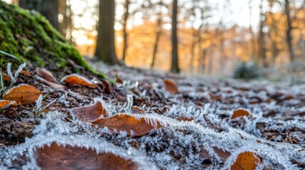 Obraz premium Frosty Leaves and Sparkling Ice on Forest Floor in Winter Light