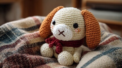 Cute handmade crochet dog with red scarf on cozy blanket