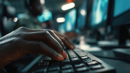 Detailed close-up of hands typing on a keyboard with multiple monitors in the background of a modern control or data center. Represents cybersecurity, IT operations, and data management.