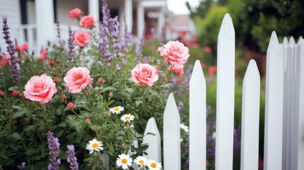 Roses, lavender, and daisies bloom by a white picket fence