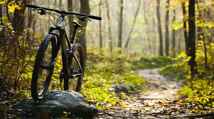 Mountain Bike on a Scenic Trail Surrounded by Autumn Forest Light