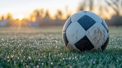 Dewy Soccer Ball on Grass Field at Sunrise with Soft Light Effect