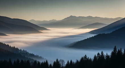 Misty Mountain Valley Sunrise: Scenic Landscape Photography
