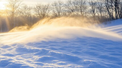 Snowdrifts and Wind Blowing Across Winter Landscape at Sunrise