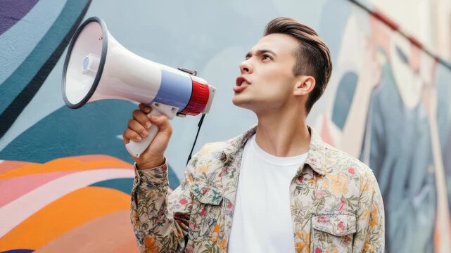 Young man with floral shirt using megaphone, street art in background