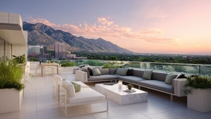 Modern penthouse rooftop patio with city and mountain views at sunset