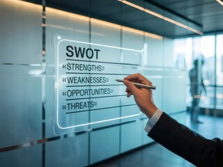 Businessperson analyzing SWOT analysis on futuristic transparent screen; modern corporate strategy concept.