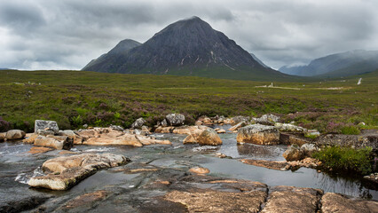 Buachaille Etive Mor mountain stands at the head of the Glencoe valley in Scotlands west highlands. Overlooking Rannoch moor it is an imposing mountain. © Terry
