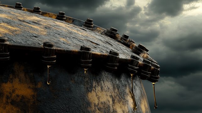 Close-up of Industrial Drum with Rusty Lid Against Dark Skies