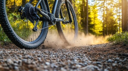 Mountain bike wheels splashing dirt on a scenic forest trail