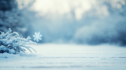 Snowflake on Frosty Ground with Soft Winter Background