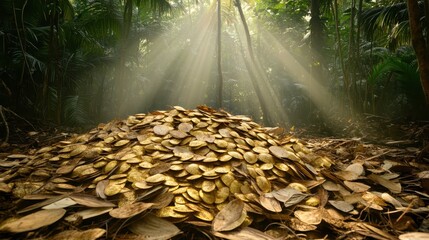 Sunlight Streaming on Abundant Treasure Pile in Lush Forest Setting