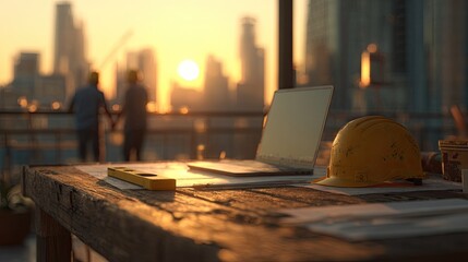 Construction Team Sunset Meeting On City Rooftop