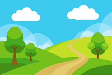 Fototapeta premium Cartoon landscape with rolling green hills and a winding dirt path