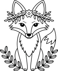 Fototapeta premium Cute fox with flower crown and leaves outline animal