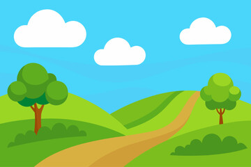 Obraz premium Cartoon landscape with rolling hills trees and clouds