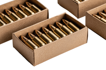 Cartridge boxes filled with brass ammunition