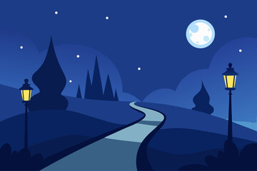 Naklejka premium Enchanting nighttime path illuminated by lampposts and moonlight