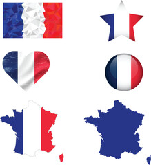 France flag and map set. France flag in official colours and proportions. independence day 14 July , map, circle and heart shaped France.