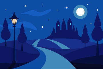 Obraz premium Enchanting night landscape with castle and lamp post