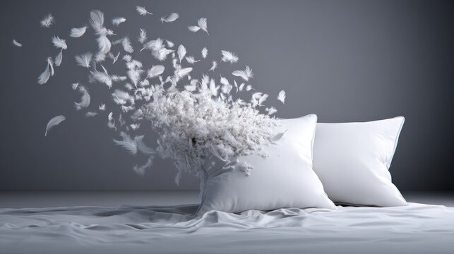 White feathers and pillows on a bed