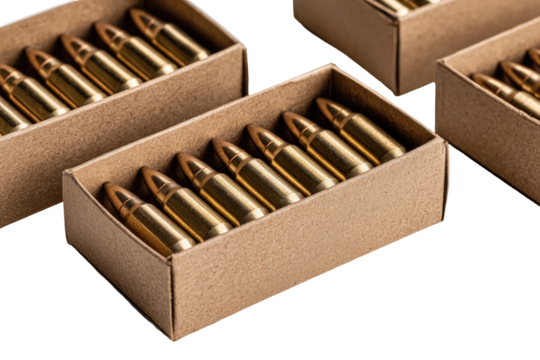 Cartridge boxes filled with brass ammunition