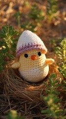 Cute crochet chick with hat in nest surrounded by greenery