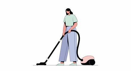 Fototapeta premium Woman cleaning floor with vacuum cleaner. Person uses modern vacuum cleaner for home cleaning. Simple illustration for home cleaning blog or advertisement.