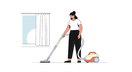 Woman vacuuming floor in living room near window with curtain. Person cleaning home using vacuum cleaner.  Illustration of home cleaning for housekeeping service advertisement.