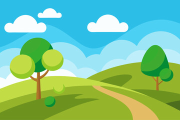Cartoon landscape with rolling hills trees and clouds