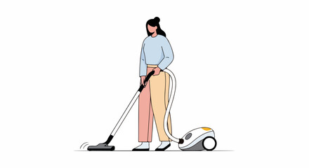 Fototapeta premium Young woman vacuuming floor in modern apartment. Person uses vacuum cleaner for home cleaning. Indoor activity, sustainable lifestyle choice, and domestic cleaning concept for blog or advertisement.