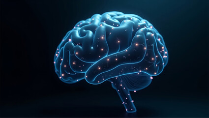 High-resolution 3D render of a human brain, glowing blue with red neural highlights, isolated on a dark background; medical, scientific, and technological concept.
