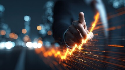 Business Hand Pointing To Glowing Graph In Night City