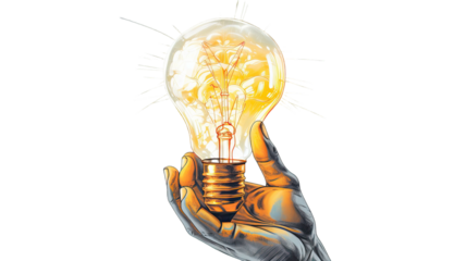 Title: Human Brain Innovation Concept with Hand Inserting Light Bulb Symbolizing Modern Technology on White Background