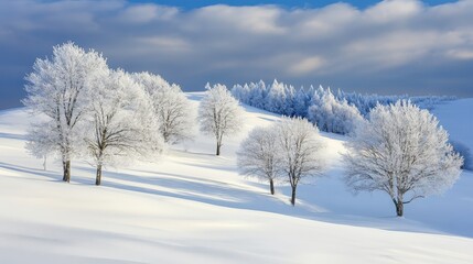 Obraz premium Frosty Trees in Winter Landscape Under a Cloudy Sky