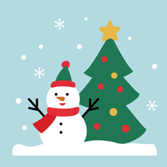 Cute winter snowman  flat vector illustration.
Cute winter snowman with Christmas tree clipart design.
Good for greeting card,poster, banner, leaflet.