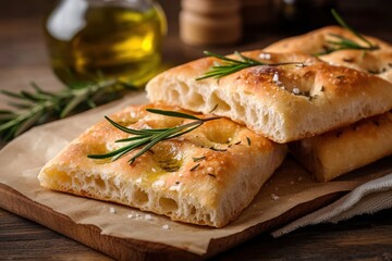Freshly baked focaccia bread topped with rosemary rustic kitchen culinary delight cozy atmosphere close-up artisan baking
