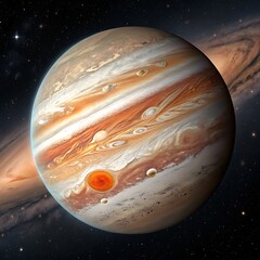 Jupiter planet with Great Red Spot and moons in starry space
