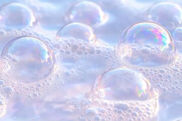 Close-up of Soapy Water with Colorful Bubbles Reflecting Light in a Gentle and Dreamy Atmosphere, Ideal for Natural and Abstract Designs