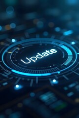 Futuristic blue technology interface displays the word Update in glowing white lettering, vertical composition. This vibrant digital graphic features a circular design and bokeh effects.