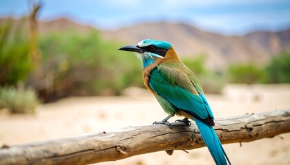 Vibrant bird perched on a log in a desert landscape