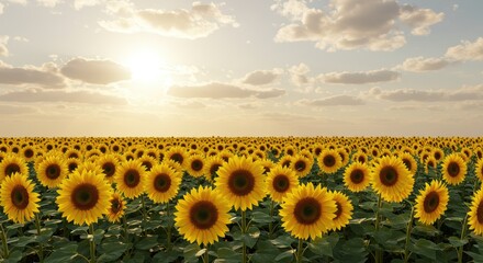 Fototapeta premium Endless Sea of Sunflowers Greeting the Hazy Evening Sun