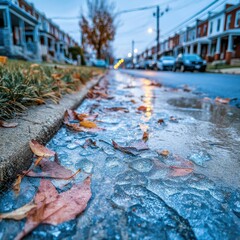 Frozen street gutter on a crisp morning