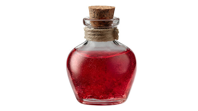 Red potion in glass bottle, isolated on transparent background