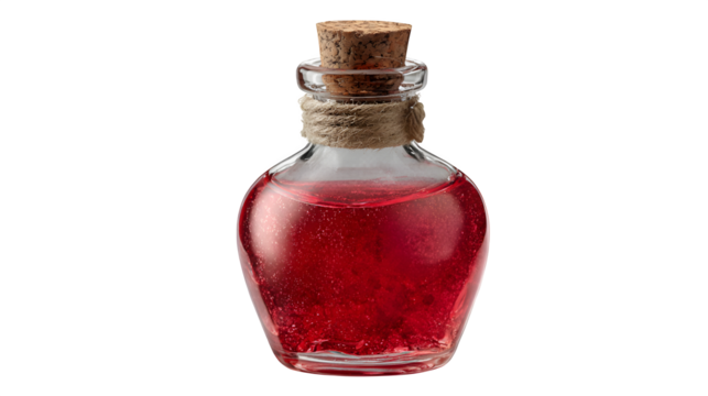 Red potion in glass bottle, isolated on transparent background