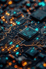 Close-Up of a Circuit Board with Glowing Components and Details