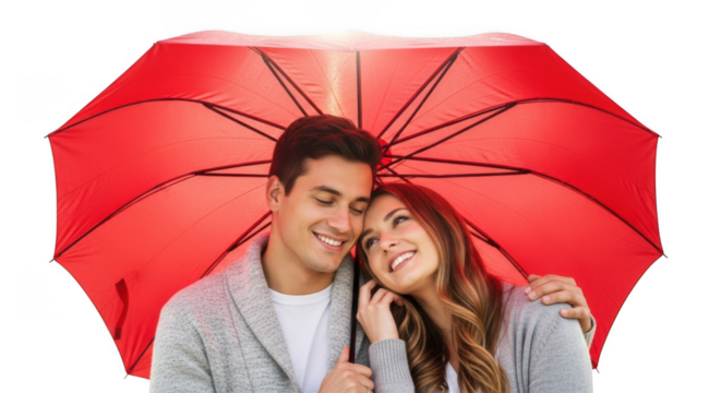Couple sharing a red umbrella isolated on transparent background