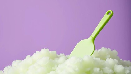 Lime green spatula playfully nestled in pastel green cloud against purple background, dreamy, illustration